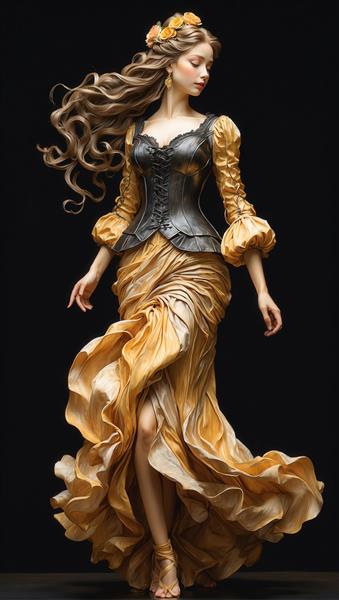 تصویر فشن زن با لباس طلایی یقه باز و کرست فلزی در یک پس‌زمینه تیره استودیویی