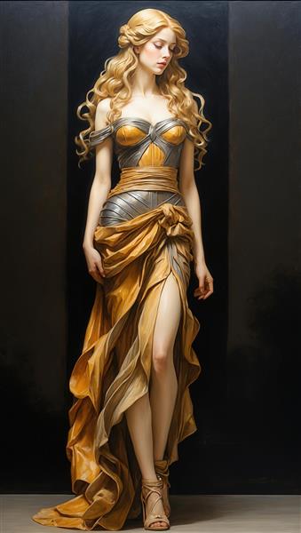 مجسمه زن با لباس مجلل ابریشمی به سبک یونان باستان در نورپردازی دراماتیک