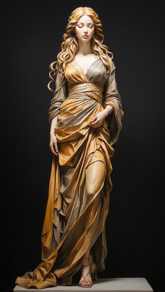 پرتره کلاسیک یک زن با موهای فر طلایی و لباس بلند با جزئیات بندکشی و آستین‌های پف‌دار