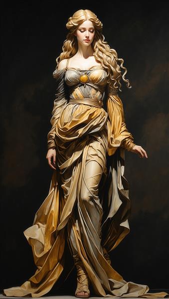 زن دراماتیک با موهای فر و لباس سلطنتی به رنگ زرد طلایی و کرم (استایل رومی و سلطنتی)