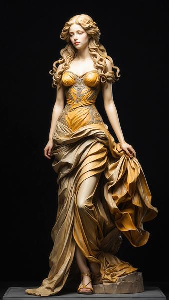 تصویر مجسمه‌گونه زن بلوند در لباس بلند کلاسیک با پارچه‌های مجلل طلایی (مناسب تابلو و چاپ)