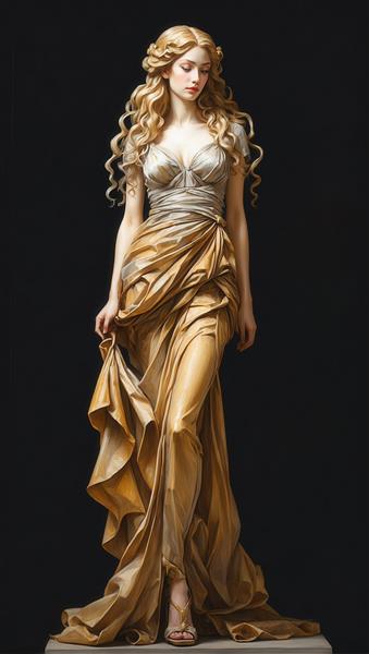 پرتره زن زیبا با لباس فاخر طلایی و مجسمه‌ای در پس‌زمینه تیره (مناسب دکوراسیون کلاسیک)