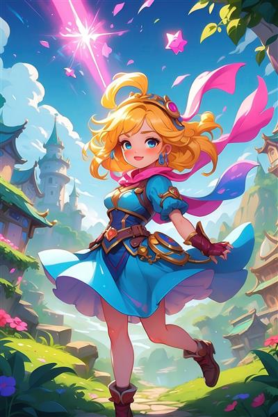 دختر انیمه‌ای با موهای طلایی و لباس آبی