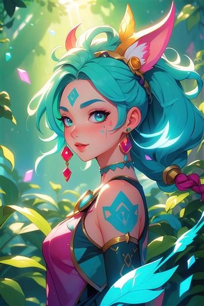 دختر انیمه‌ای با موهای فیروزه‌ای و گوش‌های روباهی در جنگل فانتزی (تم فانتزی، مناسب پوستر)