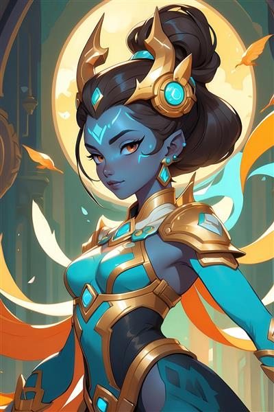 شخصیت الهه فانتزی با پوست آبی و زره طلایی، مناسب چاپ تابلو بزرگ دکوراتیو