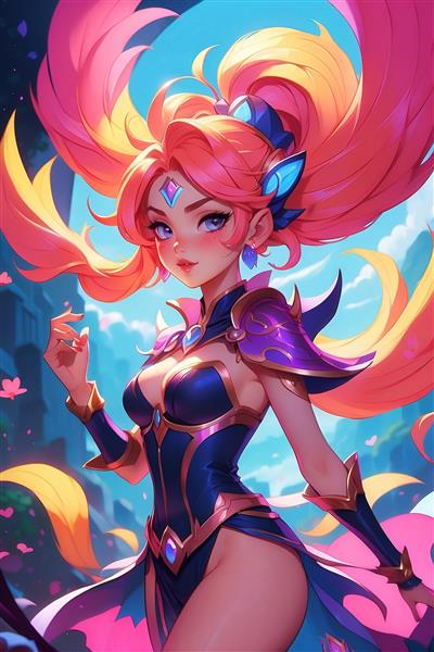 شخصیت فانتزی با موهای صورتی و لباس آبی سلطنتی پوستر لوکس