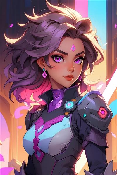 پرتره جنگجوی زن انیمه‌ای با زره سایبرپانک و موهای بنفش، مناسب پوستر گیمینگ خاص
