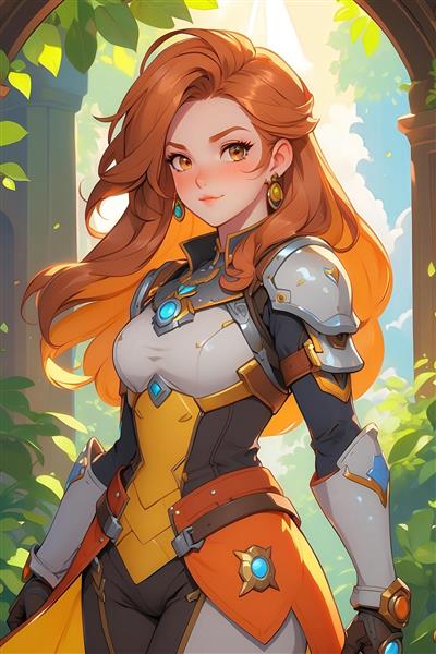 دختر قهرمان انیمه‌ای با موی نارنجی و زره در باغ تابستانی، تصویر باکیفیت برای چاپ فاخر