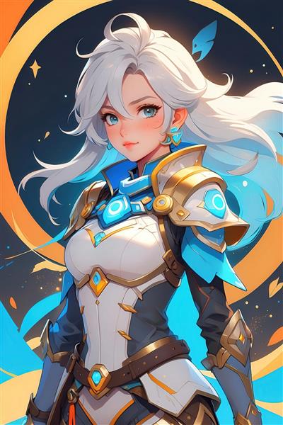 شخصیت قهرمان زن انیمه‌ای با زره آبی و طلایی، مناسب چاپ پوستر دیواری