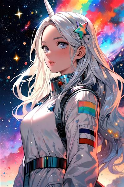 پرتره دختر یونیکورن فضانورد در کهکشان رنگین‌کمان، تصویر خاص برای تابلو اتاق جوان