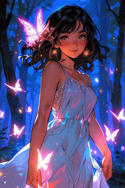 تصویر فانتزی دختر با لباس تابستانی و پروانه‌های نورانی در جنگل آبی، مناسب چاپ عریض