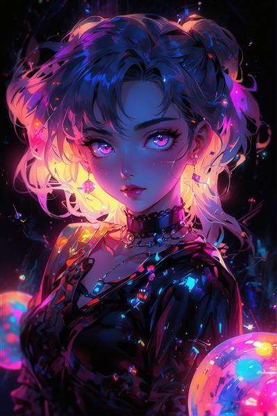 پرتره دختر انیمه‌ای با نورپردازی نئون و موهای رنگین، کیفیت بالا برای چاپ تابلو فانتزی