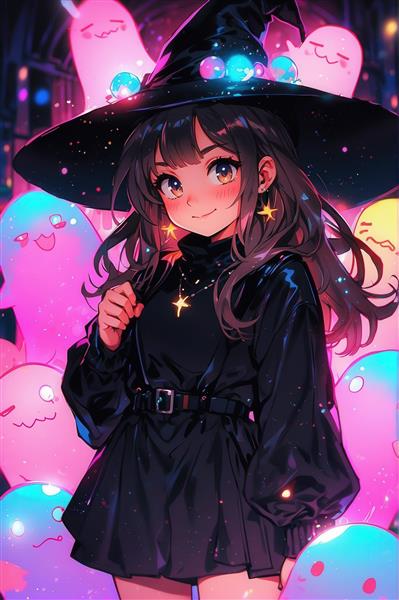 شخصیت دختر جادوگر انیمه‌ای با کلاه سیاه در میان ارواح نئونی، مناسب پوستر هالووین