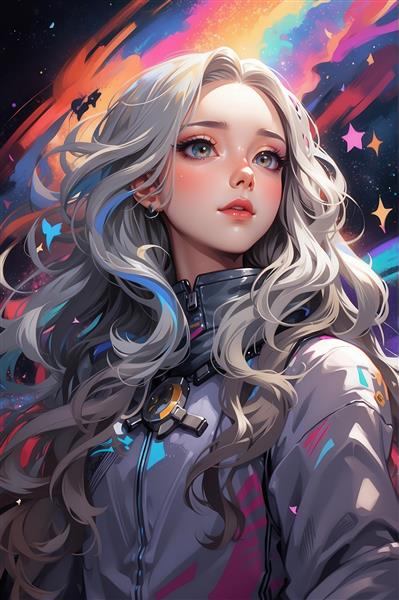 پرتره دختر فضانورد در لباس نئونی با موهای نقره‌ای و پس‌زمینه کهکشانی، تابلو فانتزی