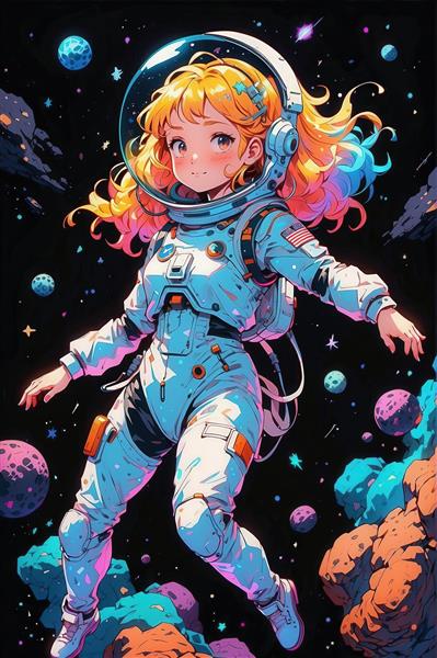 تصویر علمی تخیلی از فضانورد دخترانه انیمه‌ای در فضا، مناسب چاپ پوستر اتاق نوجوان