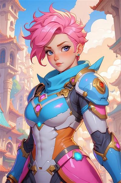 پرتره دخترانه سبک بازی‌های ویدیویی با موی صورتی و لباس نئون آبی، کیفیت بالا