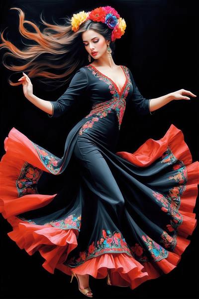 تصویر اورجینال رقصنده با گل‌های مکزیکی روی سر و لباس گلدوزی شده، چاپ تابلو مجلل