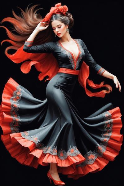 پرتره هنری رقصنده با دامن قرمز و مشکی و شال مواج، مناسب چاپ عریض باکیفیت