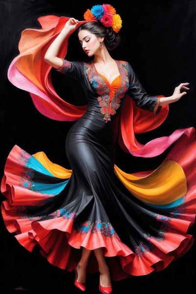 رقصنده فلامنکو با شال بلند رنگی و لباس چرم مشکی، تصویر خاص برای تابلو دکوراتیو