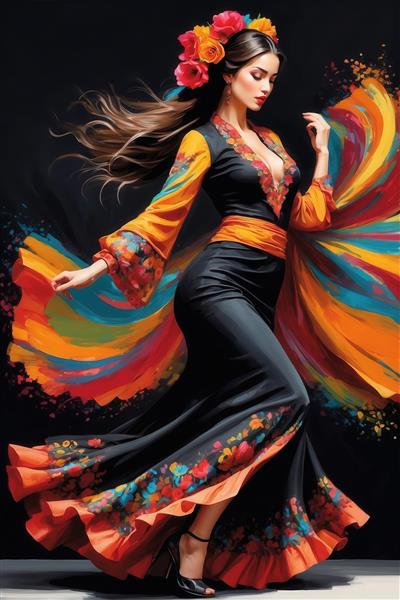 مدلینگ زیبا با لباس رقص مشکی و آستین نارنجی در پس‌زمینه رنگین‌کمان، چاپ فاخر