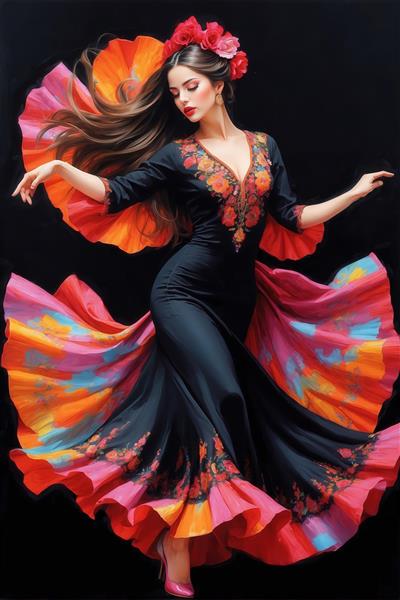 تصویر اورجینال رقص سنتی اسپانیایی با دامن پرحجم و رنگ‌های تند، کیفیت عالی برای پوستر