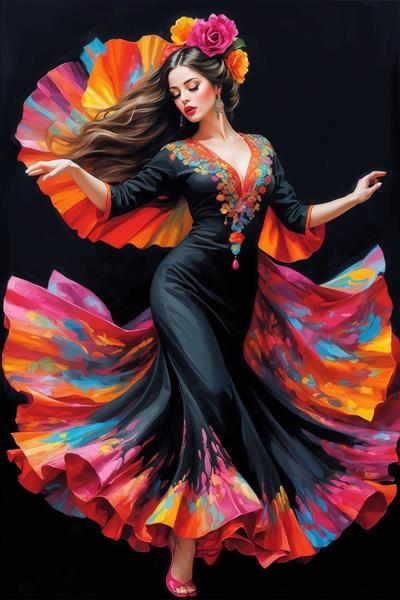 پرتره رقصنده فلامنکو در لباس مشکی و دامن رنگارنگ، مناسب چاپ تابلو بزرگ دکوراسیون