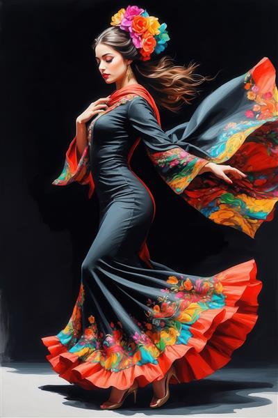 پرتره رقصنده با لباس مشکی و حاشیه دامن و گل‌های نارنجی، کیفیت بالا برای تابلو هنری