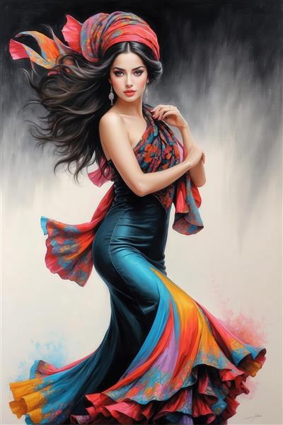 پرتره مد زنانه با سربند سنتی و لباس آبی فیروزه‌ای و رنگین، مناسب چاپ فاخر