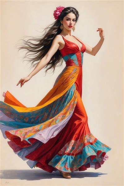 تصویر چشم‌نواز رقصنده با دامن بلند و رنگ‌های شاد، مناسب چاپ دکوراتیو با کیفیت عالی