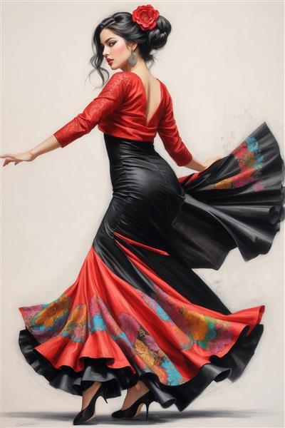 رقص فلامنکو کلاسیک با لباس مشکی و بالاتنه قرمز، طراحی شیک برای پوستر دیواری