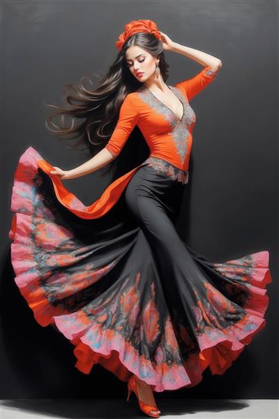 تصویر اورجینال رقصنده با لباس مشکی و نارنجی، دامن پرنقش و نگار برای دکوراسیون عریض