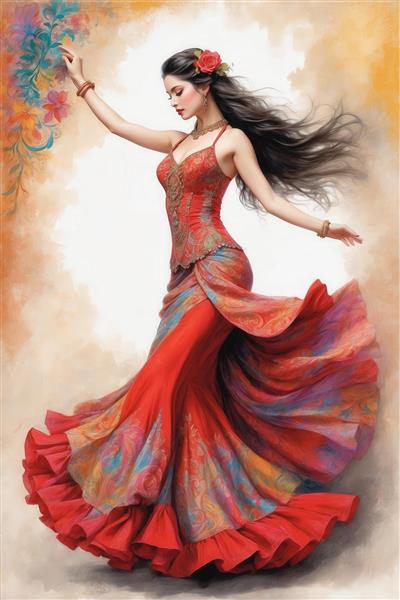 پرتره هنری رقص اسپانیایی با پس‌زمینه آبرنگی و رنگ‌های گرم، کیفیت بالا برای پوستر