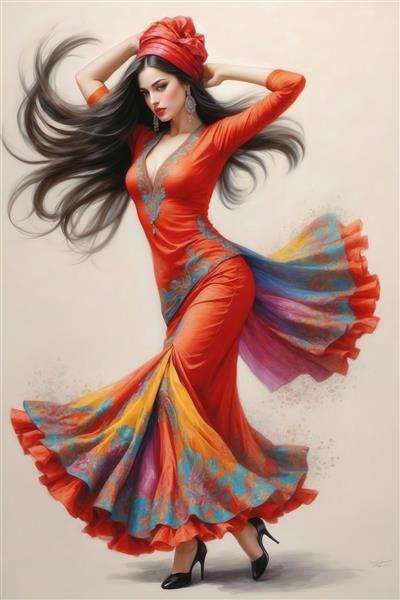 رقصنده فلامنکو با لباس قرمز و دامن پرچین رنگین‌کمان، مناسب چاپ تابلو دکوراتیو
