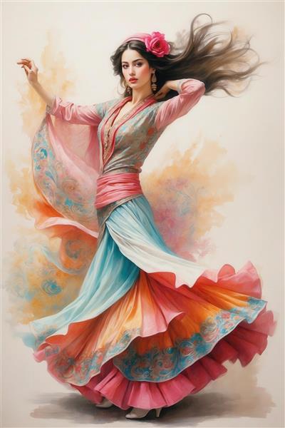 پرتره زن با لباس صورتی و دامن آبی صورتی لایه‌ای، استایل شیک بوهو با حرکت بالا تنه