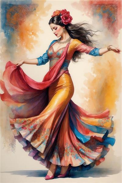 رقصنده با لباس نارنجی زرد و شال صورتی، استایل فلامنکو در یک نقاشی پر رنگ و لعاب