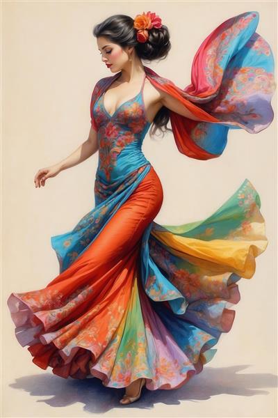 مدل با لباس یقه باز و شال روان، رقصنده زیبا با دامن رنگین‌کمانی و موی بسته