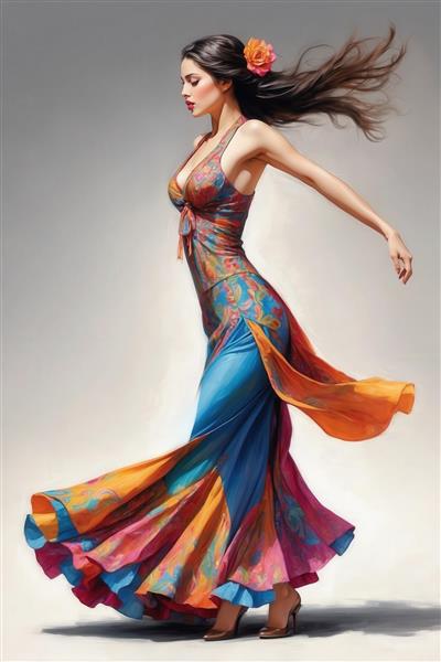 رقصنده پرشور با لباس بندی طرحدار، موهای پروازی و دامن لایه‌ای نارنجی و آبی