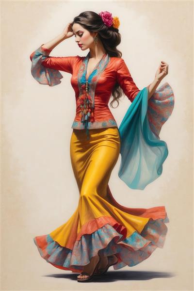 زن با بلوز نارنجی و دامن خردلی بلند، استایل سنتی بوهو با آستین‌های گشاد