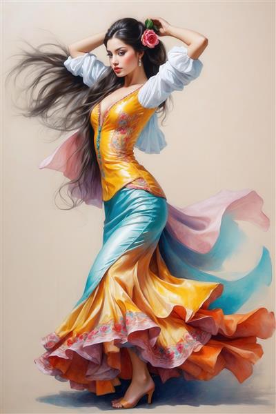 رقصنده با بلوز آستین پفی سفید و دامن رنگارنگ، استایل هیجان‌انگیز فلامنکو برای چاپ دکور