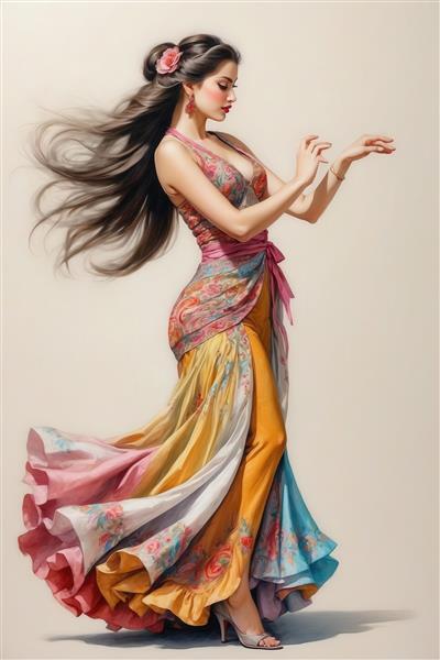 تصویر هنری زن با لباس لایه‌ای و موهای رها، استایل فشن با رنگ‌های ملایم و گرم