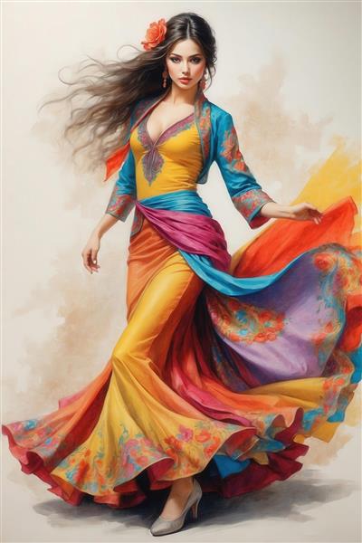 مدل با پیراهن زرد و ژاکت آبی فیروزه‌ای، رقصنده بوهو با موهای در حال پرواز و پس‌زمینه آبرنگی