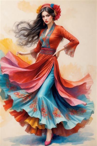 رقصنده فلامنکو با لباس قرمز و آبی فیروزه‌ای، استایل جیپسی با موهای موج‌دار پروازی