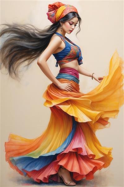 مدل با تاپ کراپ آبی و دامن لایه‌لایه هیپی، با هدبند و موهای پروازی، تمام قد از نیم‌رخ