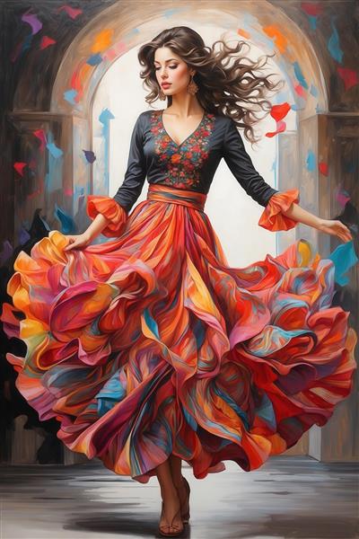زن رقصنده در لباس مشکی و دامن شاد لایه‌ای، پرتره در قاب معماری با تِم قلبی