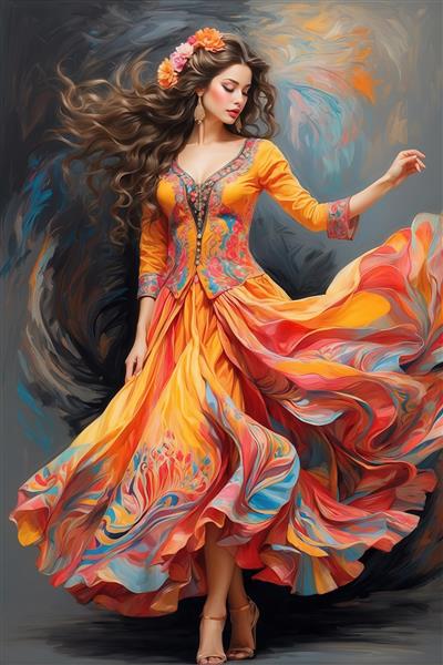 مدل در ژاکت و دامن نارنجی با طرح‌های سنتی، عکس هنری با ترکیب رنگ زرد و آبی