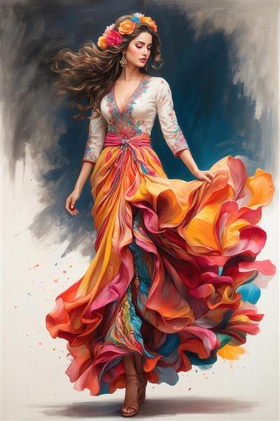 پرتره تمام قد زن با لباس سفید و دامن رنگ‌های آتشین، موهای مواج رها و حس رمانتیک