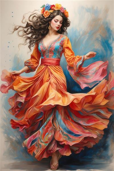 مدل با بلوز نارنجی و دامن پف‌دار، نقاشی پرتره با قلم‌زنی آزاد و پس‌زمینه آبی انتزاعی