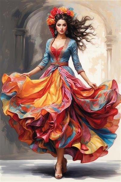 زن در حال رقص با لباس آبی و دامن نارنجی لایه‌ای، پرتره هنری در فضای معماری رومی