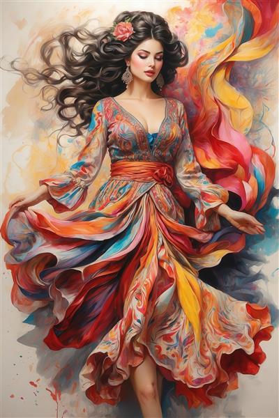 مدل با پیراهن طرحدار و دامن پُرچین رنگی، هنر دیجیتال با جزئیات پارچه و رنگ‌های قوی