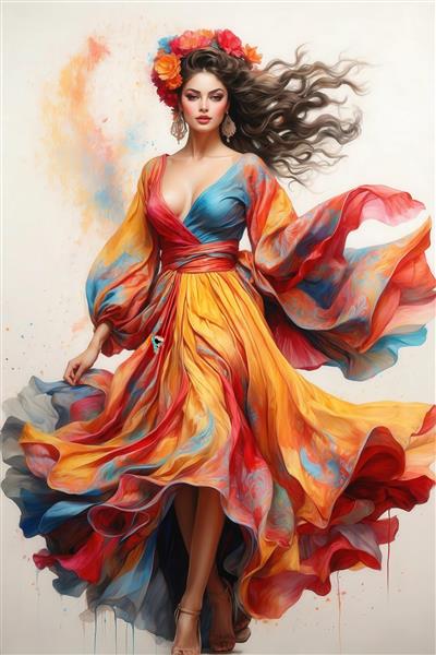 دختر با لباس بالاتنه آبی و دامن رنگارنگ در حال رقص، تصویر هنری آبرنگی با موهای پروازی